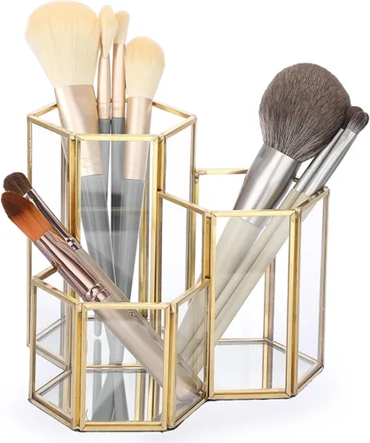 Miniatura 9 de Hipiwe Porta brochas de maquillaje de vidrio, 3 ranuras espejadas, organizador de brochas de cosméticos doradas, vitrina, caja de almacenamiento
