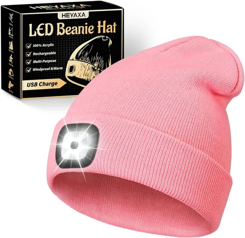 Miniatura 17 de HEYAXA Gorro LED unisex con luz, gorro con linterna frontal recargable, rellenos para calcetines, regalos de Navidad para hombres, gorro tejido