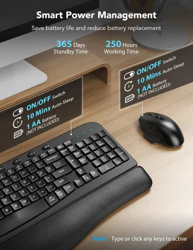 Miniatura 5 de Combo de teclado y mouse inalámbricos – Tecla de onda ergonómica, reposa muñecas de cuero suave incorporado, 2.4G de tamaño completo, 8 teclas