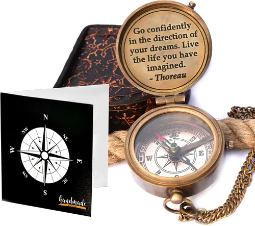 Miniatura 6 de Brújula de latón sólido Thoreau con cita "Go Confidently" grabada y caja de madera, brújula de campamento, regalo de bautizo y graduación, regalo