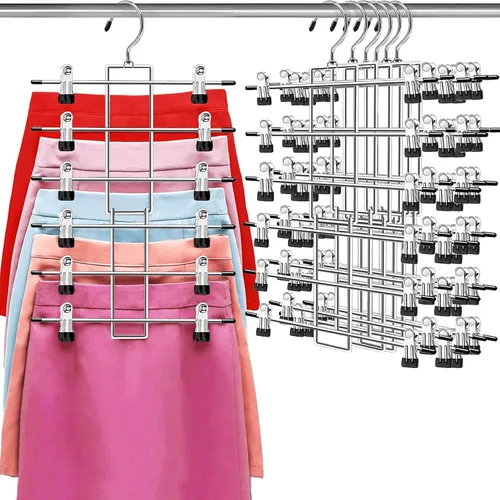 Miniatura 8 de Perchas para pantalones con clips, organizador de armario colgante de ahorro de espacio de 6 niveles, perchas para faldas con gancho giratorio