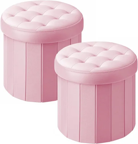 Miniatura 18 de Bsketa® Otomana plegable redonda de almacenamiento de 14 x 14 x 13 pulgadas, taburete de pie con asiento acolchado de espuma más gruesa, banco Negro