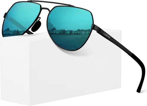 LUENX Lentes de sol de aviador para hombres y mujeres, polarizados, marco de metal grande, protección UV 400