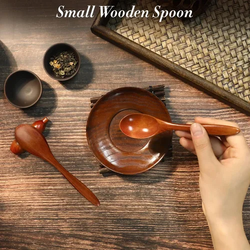 Miniatura 4 de Juego de 2 cuencos de madera para alimentos, pequeños cuencos de madera con cucharas de madera para postre aperitivos, sopa, juego de vajilla