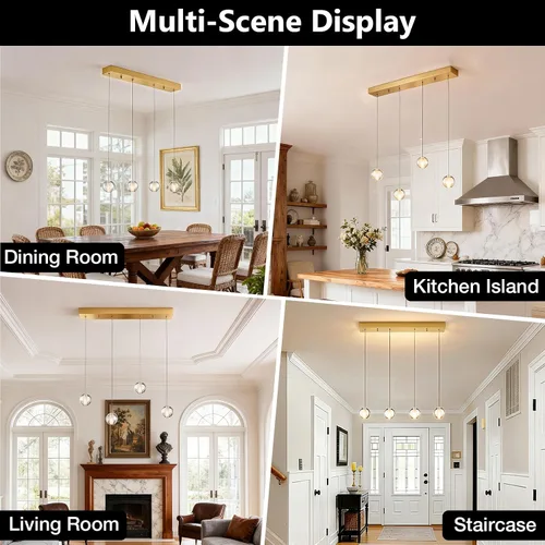 Miniatura 6 de Lámparas colgantes de oro cepillado de 4 luces para isla de cocina moderna, lámparas colgantes de globo de cristal para comedor sobre mesa, lámparas