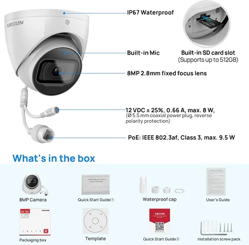 Miniatura 9 de VIKYLIN Cámara de seguridad IP 4K 8MP, DMSS/SmartPss Lite, cúpula Starlight con micrófono incorporado, ranura para tarjeta SD de 256 GB, lente