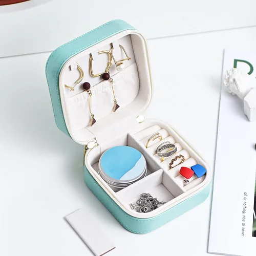 Miniatura 8 de Joyero de viaje de cuero de lujo para mujer, mini organizador de joyería pequeña, estuche de viaje portátil para anillos, aretes, collares