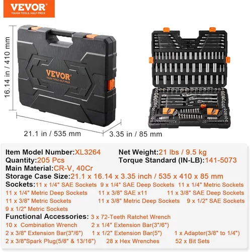 Miniatura 6 de VEVOR - Juego de herramientas para mecánicos, 205 piezas de vasos SAE y métricos, vasos profundos y estándar de 1/4, 3/8 y 1/2 pulgadas, acero