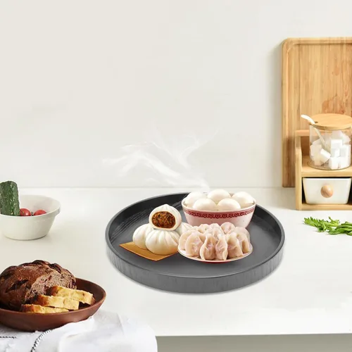 Miniatura 4 de Bandeja de servicio redonda negra, bandeja otomana de nogal de gran tamaño para sala de estar para desayuno en la cama, decoración de mesa auxiliar