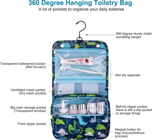 Miniatura 3 de Eudora Neceser colgante de viaje para niños, organizador de viaje impermeable, lindo dinosaurio serpiente dibujos animados cosméticos bolsa de baño