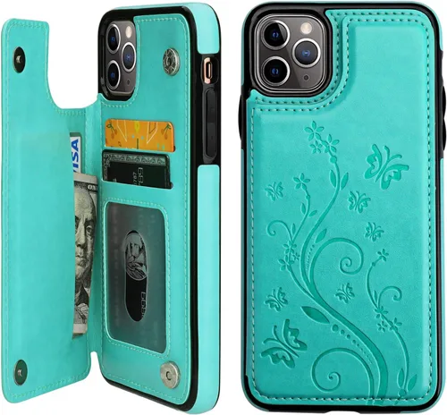 Miniatura 10 de Vaburs Funda para iPhone 11 Pro Max con tarjetero, diseño de mariposa en relieve de piel sintética de alta calidad, doble botones magnéticos, a Oro