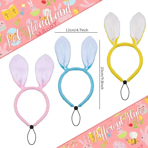 Miniatura 2 de Whaline Paquete de 3 diademas de conejo de Pascua para perro, conejo, orejas de caramelo, banda ajustable para el pelo para mascotas, accesorios