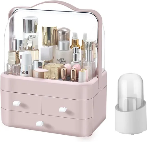 Miniatura 9 de Organizador de maquillaje grande con soporte para pinceles, organizador de cuidado de la piel impermeable y a prueba de polvo con tapa y cajones