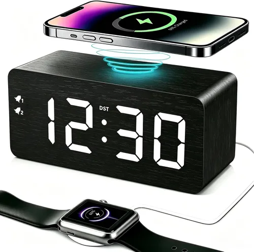 Miniatura 11 de URAYCO Reloj despertador digital de madera con cargador inalámbrico rápido de 10W, puertos de carga USB, DST, atenuable, modo repetición, pantalla