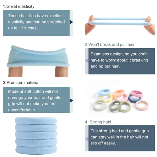Miniatura 3 de 100 PCS Accesorios Elásticos para el Cabello - Bandas de Cabello de Algodón Sin Costuras, Sujetadores Suaves de Cola de Caballo para Cabello