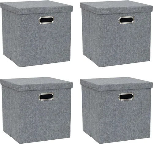 Miniatura 9 de Contenedores de almacenamiento con tapas, cajas plegables de tela de lino, contenedores organizadores con tapa, cesta de almacenamiento plegable