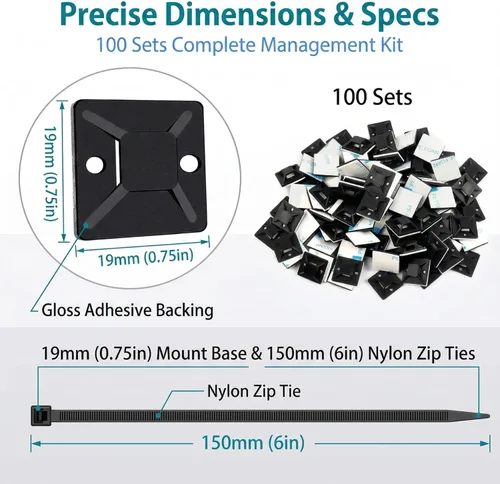 Miniatura 2 de Juego de 100 soportes autoadhesivos para cables para gestión de cables con almohadillas de palo, clips de anclaje, soportes cuadrados (negro)