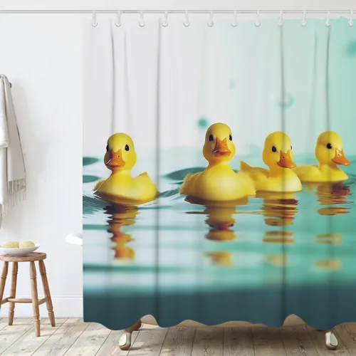 Miniatura 2 de Divertidos cortinas de ducha de tela con diseño de pato chirriante amarillo con 12 ganchos, 72 x 72 pulgadas, poliéster, lavable a máquina, amarillo