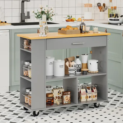 SUNLEI Isla de cocina con ruedas con gabinete de almacenamiento, carrito rodante organizador de almacenamiento de cocina con estante de especias de