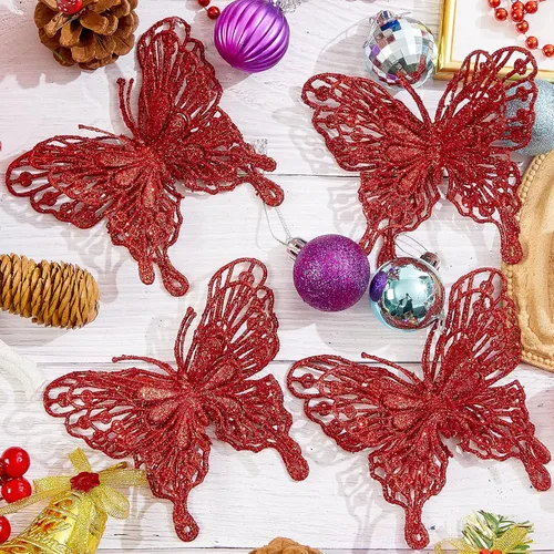 Miniatura 6 de 15 adornos para árbol de Navidad de mariposa con purpurina, mariposa hueca con clips, adornos de Navidad para manualidades, árbol de Navidad