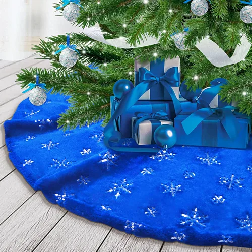 Miniatura 2 de Atiming Falda de árbol de Navidad azul de felpa de 30 pulgadas, falda de árbol de Navidad de piel azul oscuro con lentejuelas plateadas, copo