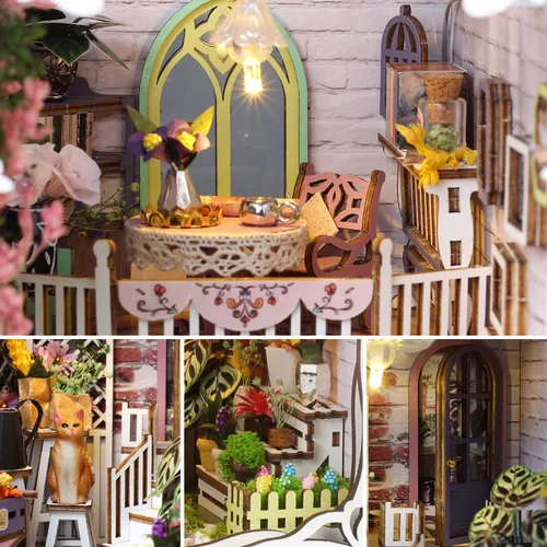 Miniatura 5 de TuKIIE Kit de bricolaje en miniatura para rincón de libro, estantería de casa de muñecas con sensor de luz y a prueba de polvo, soporte decorativo