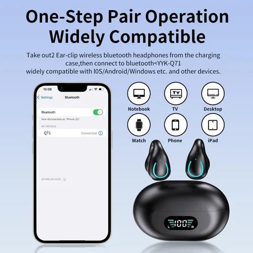 Miniatura 3 de Auriculares de Conducción Ósea de Oído Abierto Bluetooth 5.3 Auriculares Inalámbricos Clip-On con Pantalla Digital Estuche de Carga 60 Horas