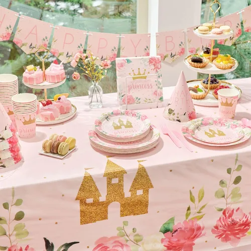 Miniatura 2 de BLUE PANDA Kit de decoración de princesa para fiesta de cumpleaños, 194 piezas, diseño floral rosa y castillo dorado, platos y servilletas, tazas