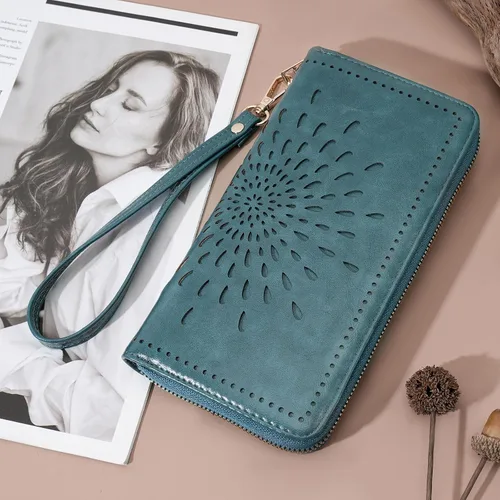 Miniatura 2 de APHISON Billetera para mujer, gran capacidad, monedero, tarjetero, RFID, pulsera, teléfono, cremallera, moneda, bolsillo de viaje azul