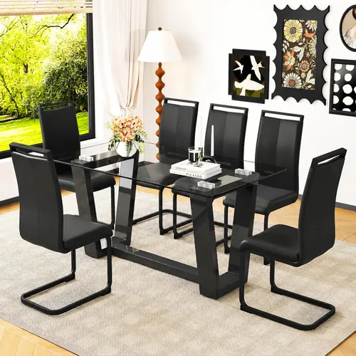 Miniatura 20 de Ebullient - Juego de mesa de comedor de cristal para 4, juego de mesa de comedor moderno para 4, tablero de vidrio templado con patas trapezoidales