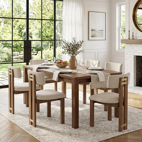 Miniatura 9 de HNY Juego de 6 sillas de comedor de estilo moderno de granja con lino, sillas tapizadas en tela beige para cocina y comedor con estructura de madera