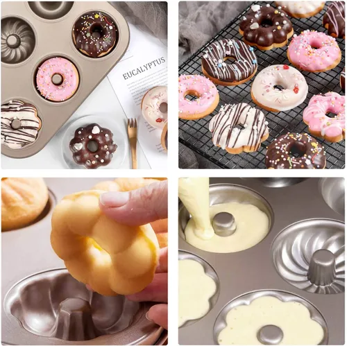 Miniatura 3 de Beasea Moldes de dona para hornear 6 cavidades, 2 unidades de mini molde para hornear donas pequeñas, antiadherente, bandeja de acero al carbono