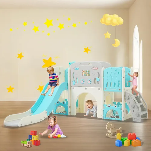 Tobogán infantil 11 en 1, tobogán para niños pequeños de 1 a 3 años con telescopio, aro de baloncesto y telescopio, juego para interiores y Azul