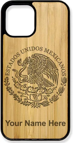 Funda de madera natural compatible con iPhone, bandera de México, grabado personalizado incluido (bambú)
