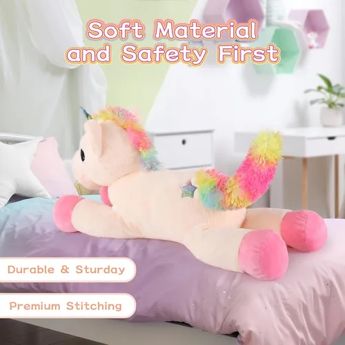 Miniatura 4 de Tezituor Juguetes de unicornio de peluche de 32 pulgadas, animales de unicornio gigante beige de peluche, encantadoras decoraciones de peluche