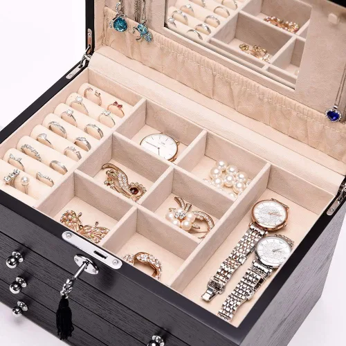 Miniatura 5 de TITISKIN Joyero grande de madera, joyero con espejo, caja de joyería con cerradura de 4 capas, caja de regalo, gabinete de joyería de escritorio