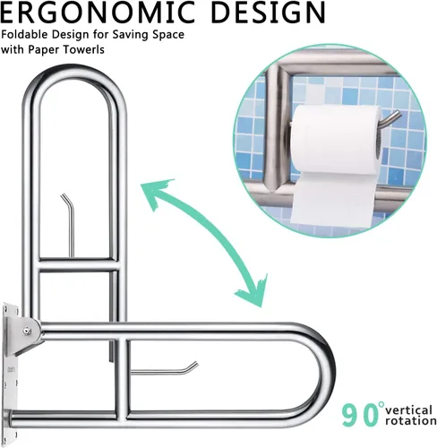 Miniatura 4 de Rieles de seguridad de inodoro de acero inoxidable de 29.5 pulgadas, barra de agarre abatible para baño para discapacitados con portapapeles