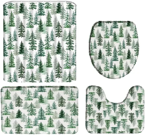 Miniatura 18 de Juego de 4 cortinas de ducha de muñeco de nieve con alfombra, diseño de árbol de pinos de invierno, lindo muñeco de nieve azul, juego de baño
