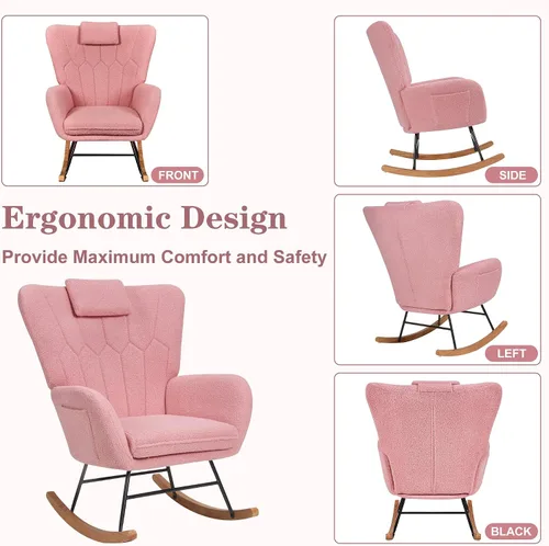 Miniatura 5 de VECELO Mecedora para guardería con reposacabezas grueso, moderno sillón tapizado de lectura con respaldo alto, asiento acolchado, bolsillo lateral