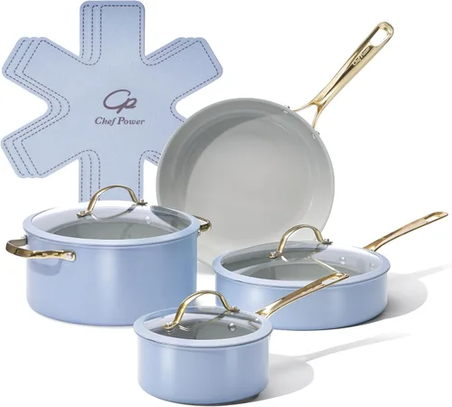 Chef Power Juego de utensilios de cocina de cerámica, 10 ollas y sartenes antiadherentes, juego de utensilios de cocina con mango de acero
