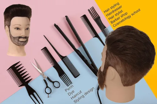 Miniatura 4 de Stancia Cabeza de maniquí masculino, cabeza de entrenamiento con cabello 100% humano, cabeza de maniquí de peluquero de 14 pulgadas, cabeza