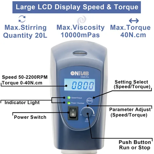 Miniatura 3 de ONiLAB Agitador Eléctrico Superior, Mezclador Agitador Superior Digital LCD con Varilla de Agitación y Soporte, Potente 20L, 10000 mPas, 50~2200RPM