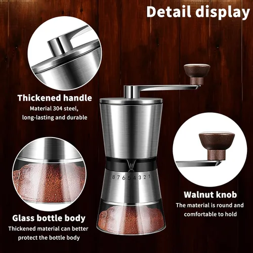 Miniatura 4 de Molinillo de café manual, capacidad de 6.53 oz con rebaba cónica de molienda de cerámica de 1.417 in, ajuste ajustable externo de 8 velocidades