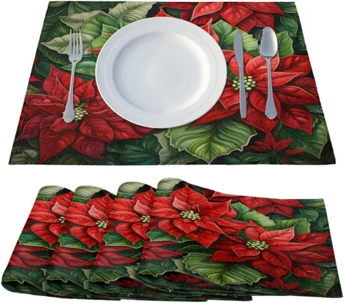 Miniatura 2 de Juego de 4 manteles individuales con diseño de flor de pascua de Navidad, lavables, impermeables, para decoración de mesa de comedor, 18 x 12