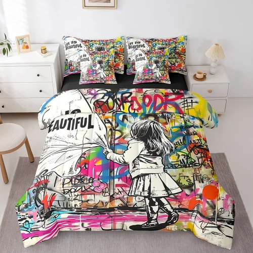 Miniatura 11 de Piano Music 7pcs Comforter King,Musical Notes Bedding Set Kids Girls Boys Teens Room Decor,Retro Graffiti Grey Gold Music Lover Bed in a Multi 11