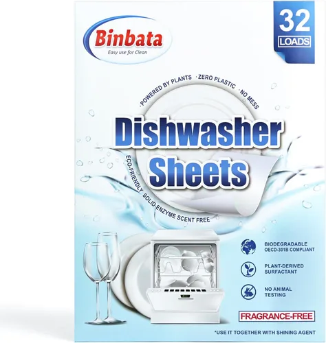 Binbata Hojas de detergente para lavavajillas ecológicas mejoradas hasta 32 cargas, tiras de jabón sin plástico sin perfume con enzima sólida de
