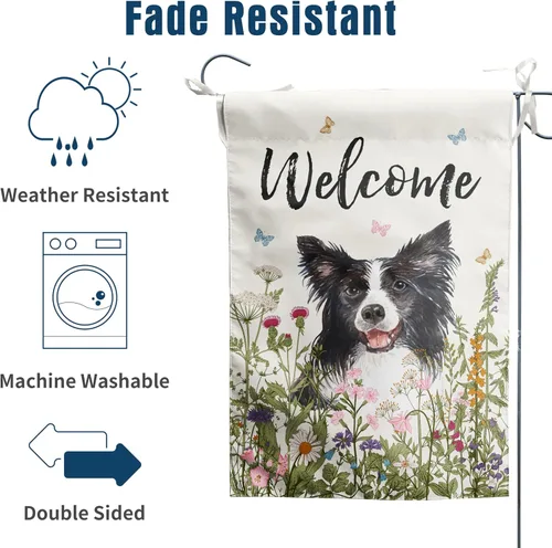 Miniatura 4 de Bandera de jardín floral Border Collie bandera de patio primavera verano bandera de patio flor perro banderas de jardín para exteriores pequeñas
