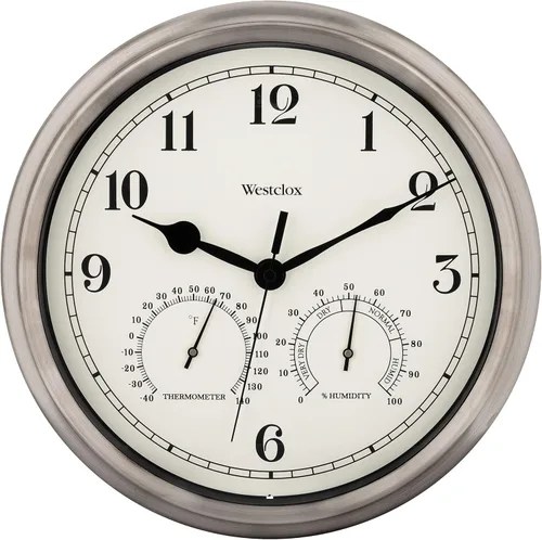Westclox Reloj de pared para interiores y exteriores con medidores de temperatura y humedad, resistente a la intemperie, precisión de cuarzo, Plata