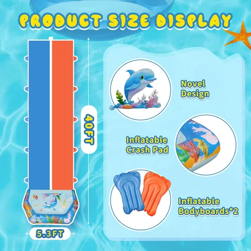 Miniatura 2 de Toboganes de agua dobles de 40 pies para niños y adultos, toboganes de agua extralargos con 2 bodyboards, resistentes, juguetes inflables gigantes