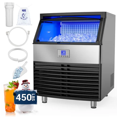 Máquina de hielo comercial, 450 libras/24 horas debajo del mostrador, contenedor de almacenamiento de 120 libras, ajustes de grosor ajustable, ideal